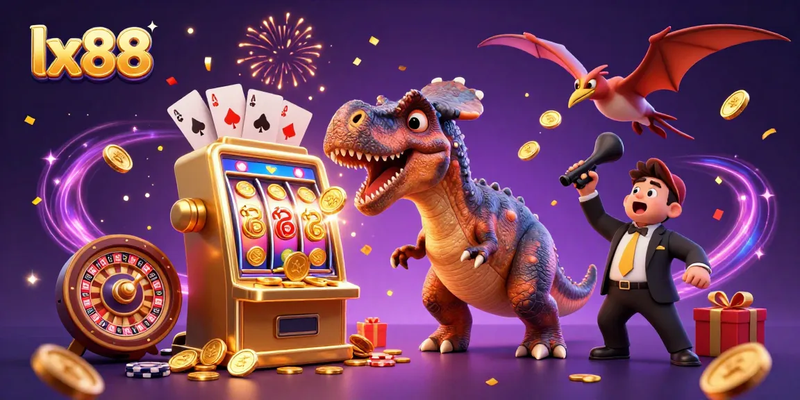 lx88 casino excitement as a pachycephalosaurus hits a jackpot, with flying coins and dynamic gameplay elements.