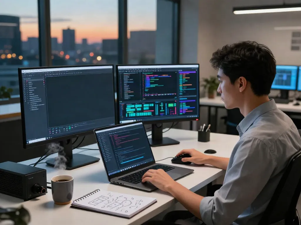 Data scientist engaged in GPU computing at a modern tech workspace, showcasing dynamic data visualizations.