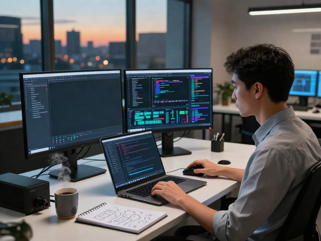 Data scientist engaged in GPU computing at a modern tech workspace, showcasing dynamic data visualizations.