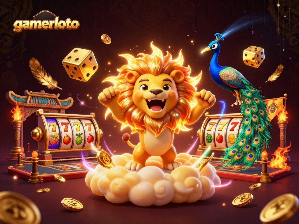 Experience gamerloto with dynamic slot reels and a roaring sun lion surrounded by glimmering elements.