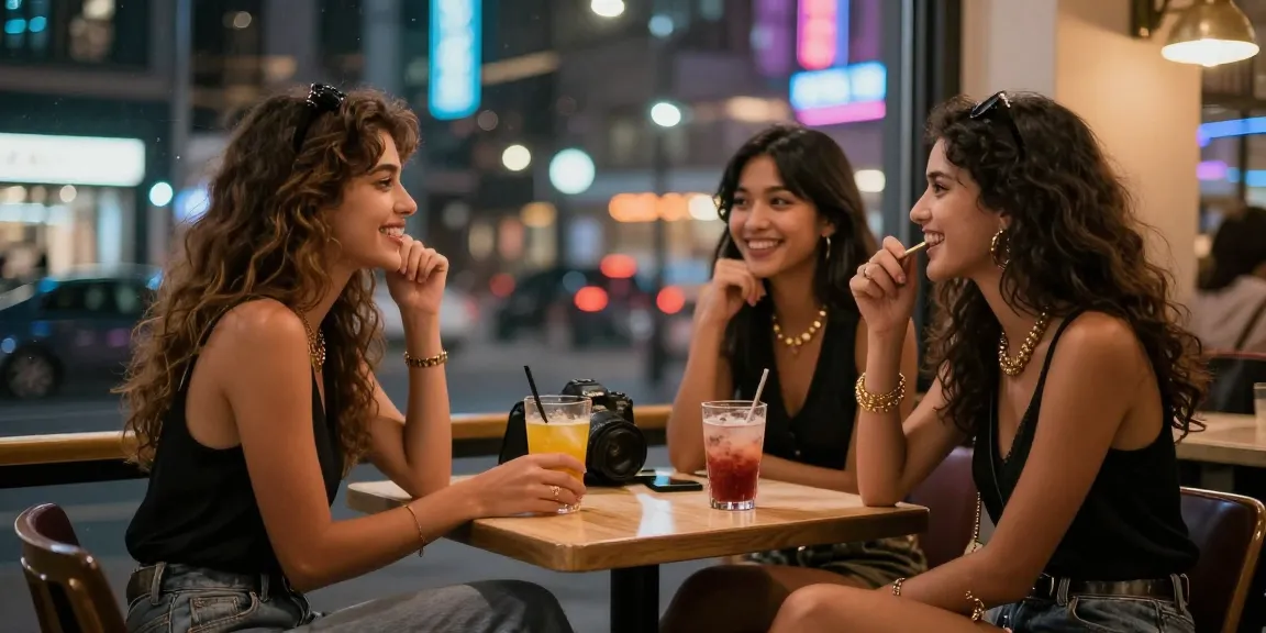 Những cô gái gọi đang tận hưởng buổi tối thành phố sôi động trong quán cà phê, mang phong cách thời trang hiện đại.