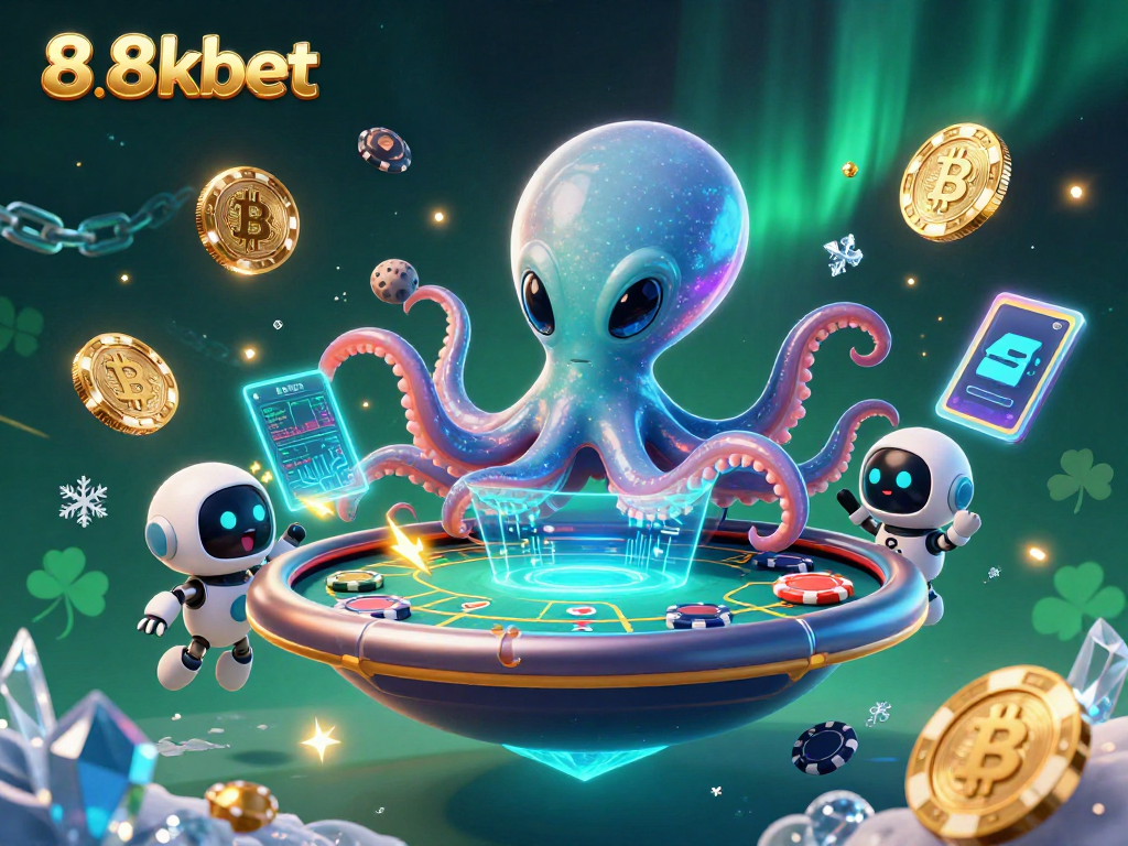 Engage in thrilling gameplay with 88kbet's playful alien octopus at a vibrant poker table.