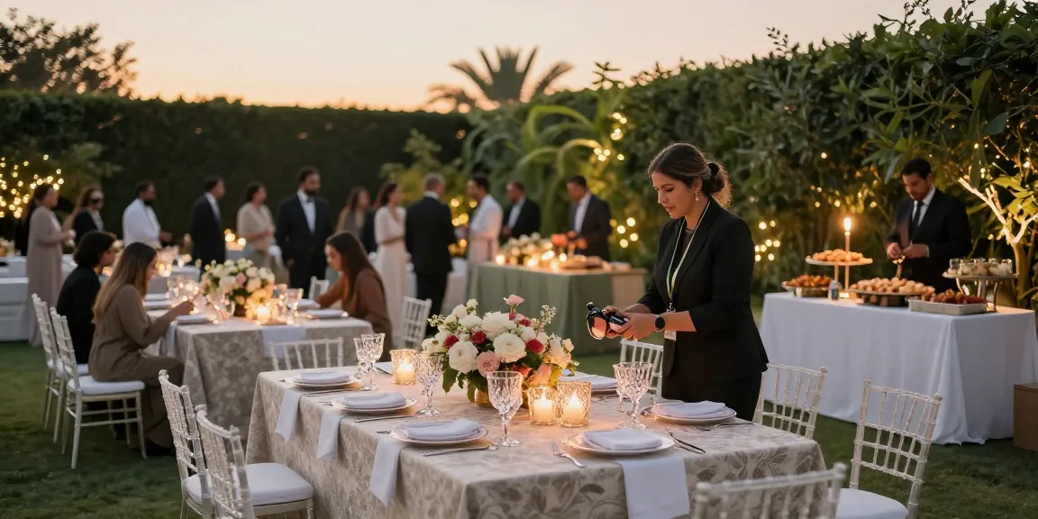 Event rental KSA: Outdoor wedding setup with elegant decor and catering.