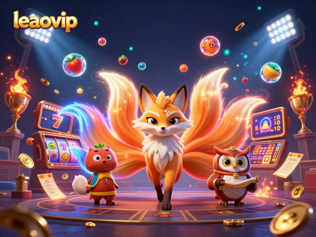 Experience the magic of leaovip with a vibrant scene featuring a colorful nine-tailed fox and wise owl in a casino.