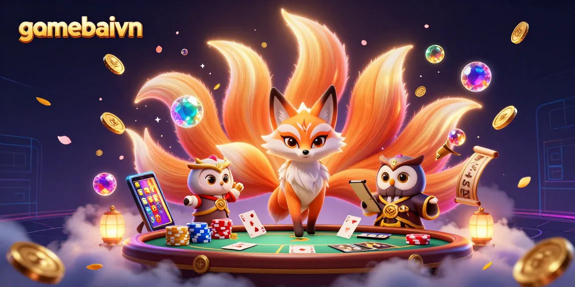 Engage with gamebaivn as a magical fox spirit leads a poker showdown amidst glowing coins and vibrant orbs.