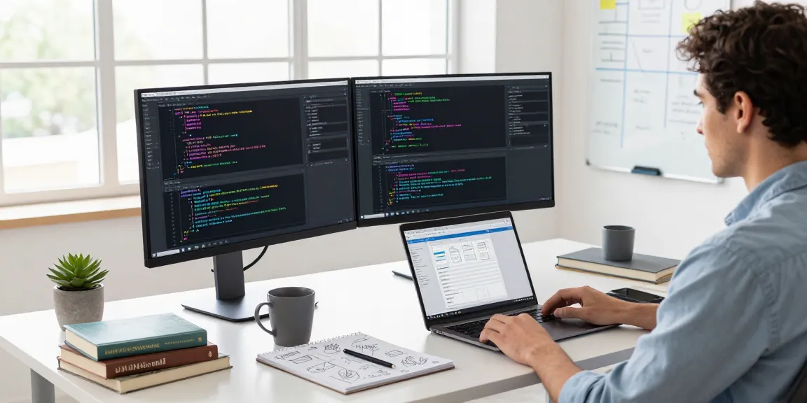 Developer coding software in a vibrant workspace, showcasing bdtjl technology and design.