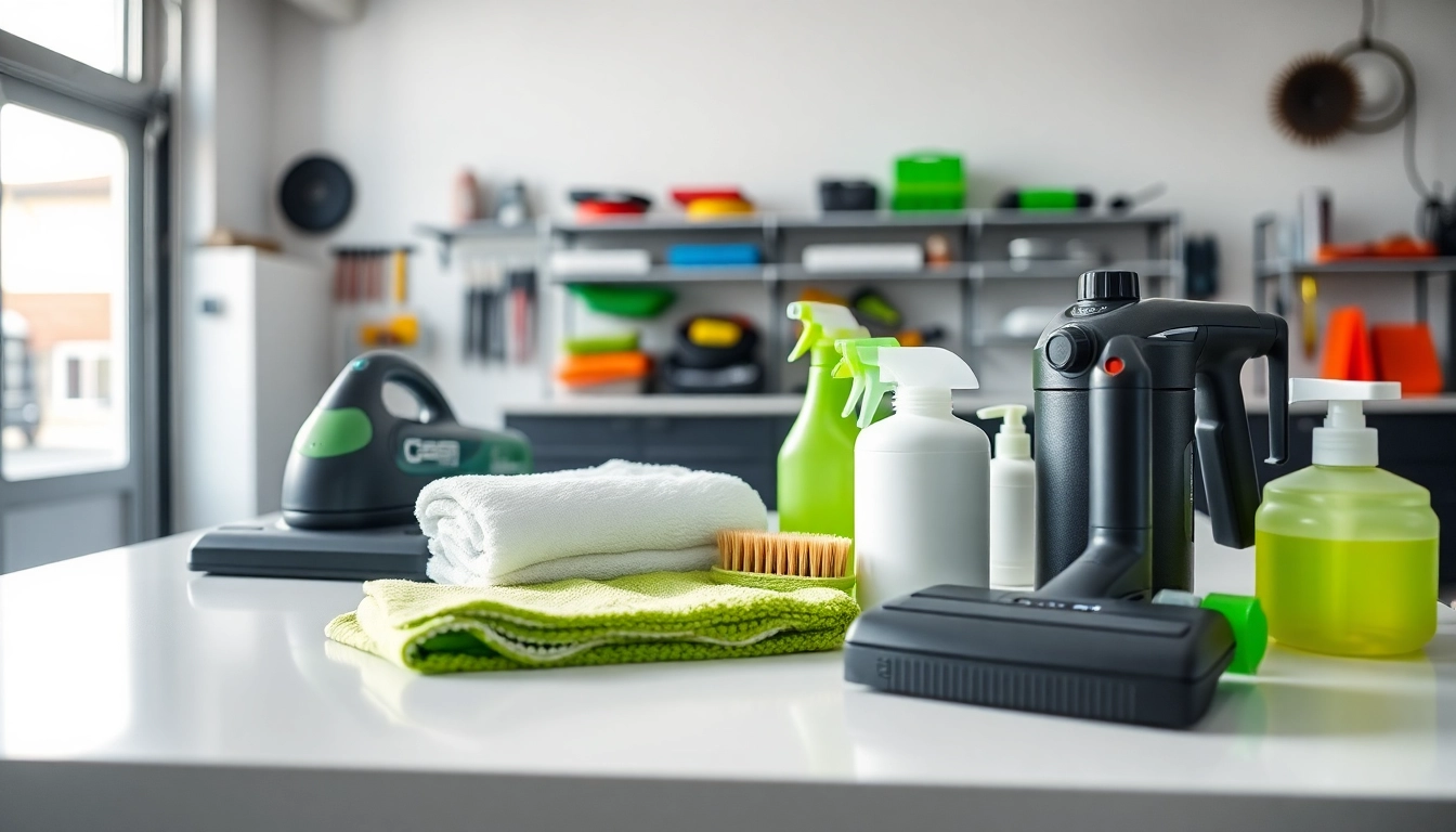 Learn what products do I need to detail my car with effective tools and supplies showcased in a professional setup.