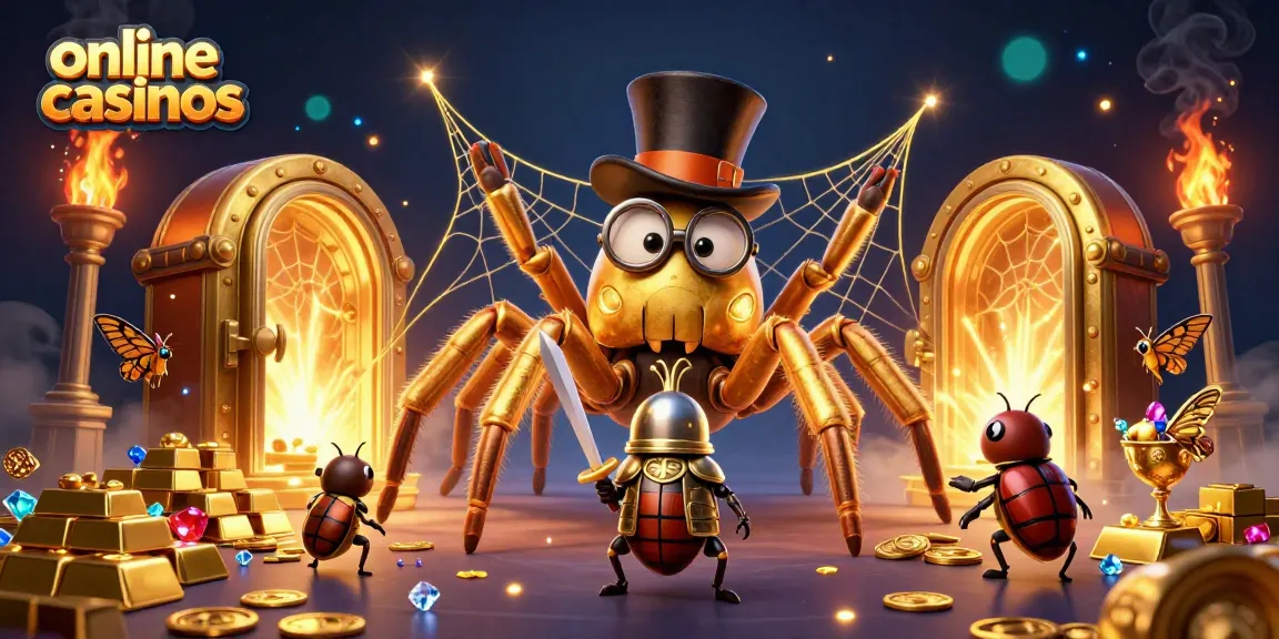 Engage with online casinos through dynamic gameplay featuring a golden tarantula and brave beetle knight.