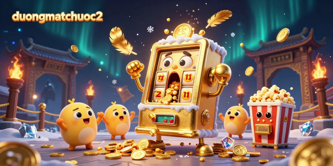 duongmatchuoc2 features a lively golden slot machine hitting the jackpot amidst dynamic game elements, celebrating the thrill of gambling.