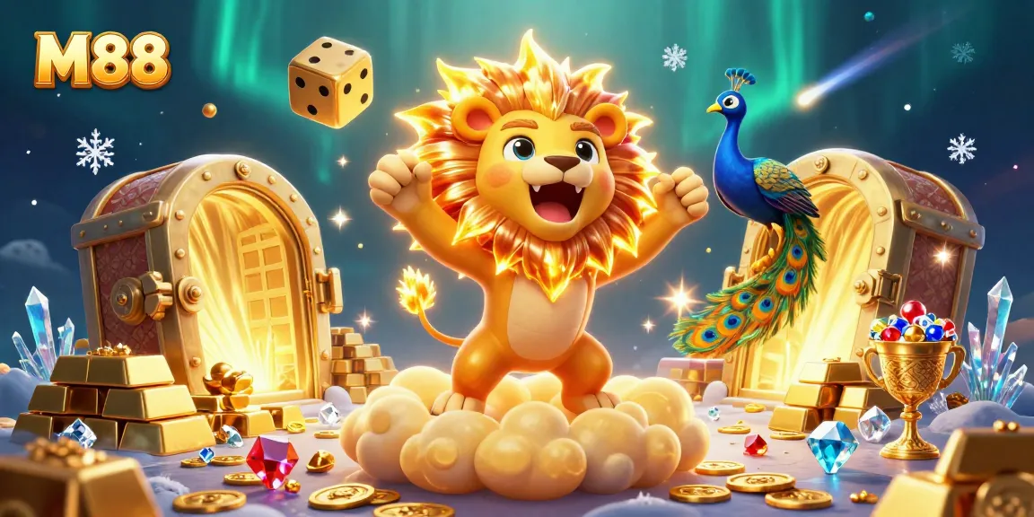 M88 casino banner showcasing a triumphant lion flanked by golden dice and a peacock in a vibrant gaming scene.