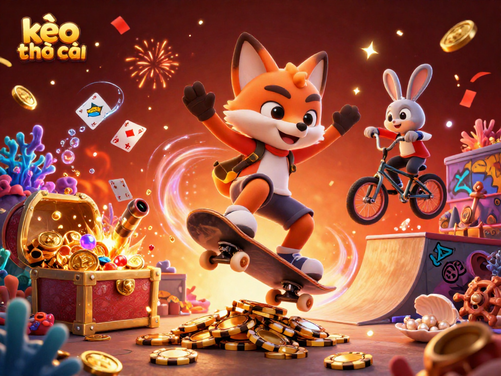 Win big with kèo nhà cái as a skateboarder fox performs tricks over casino-themed elements in this vibrant scene.