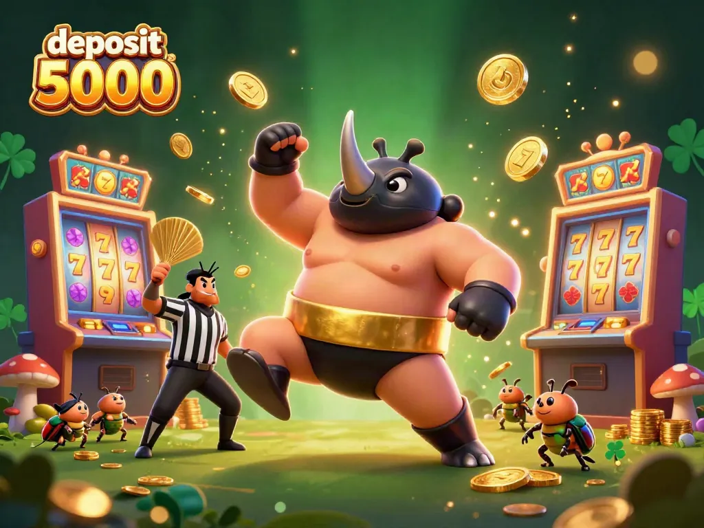 Win big with deposit 5000 in a vibrant casino-themed scene filled with gold coins and slots.