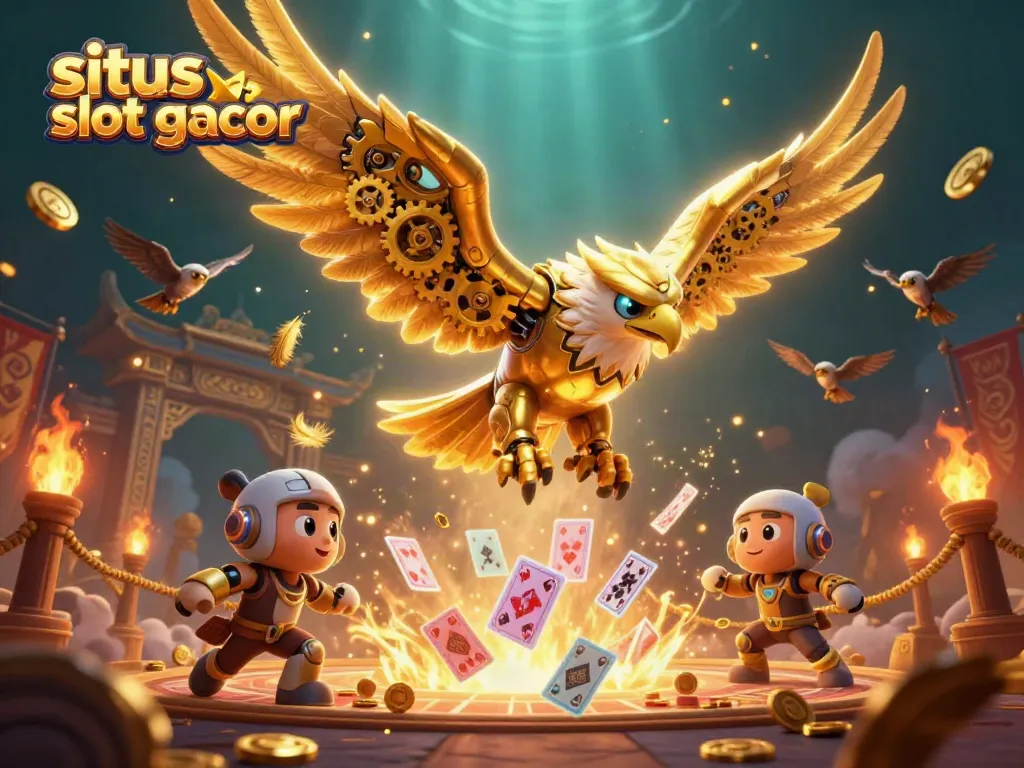 Experience the excitement of situs slot gacor with a stunning golden eagle amid holographic playing cards.