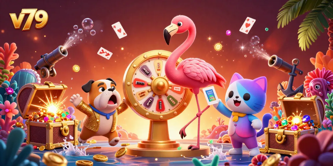 Spin the golden prize wheel on v79 with three vibrant cartoon characters in action.