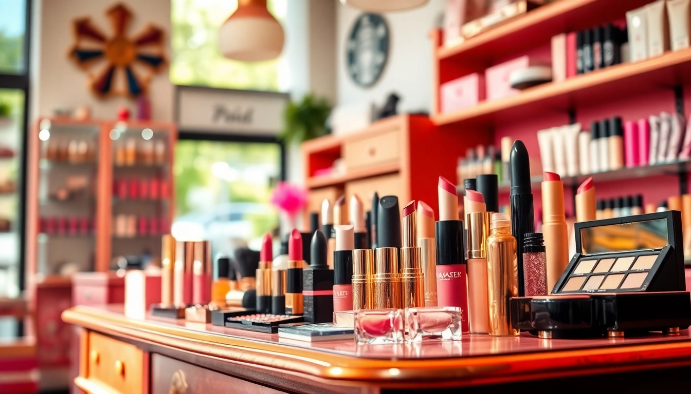 Showcasing an elegant makeup wholesale display with colorful products and a chic ambiance.