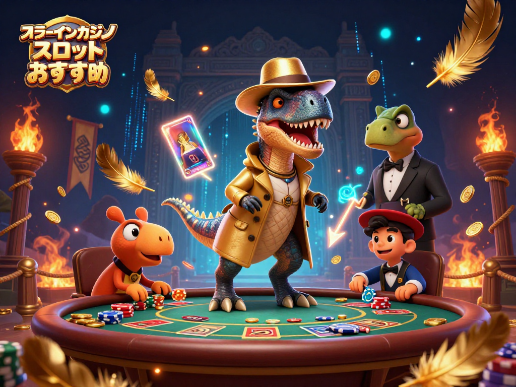 オンラインカジノ スロット おすすめのシーンで、恐竜キャラクターたちが楽しむカジノゲームの様子。