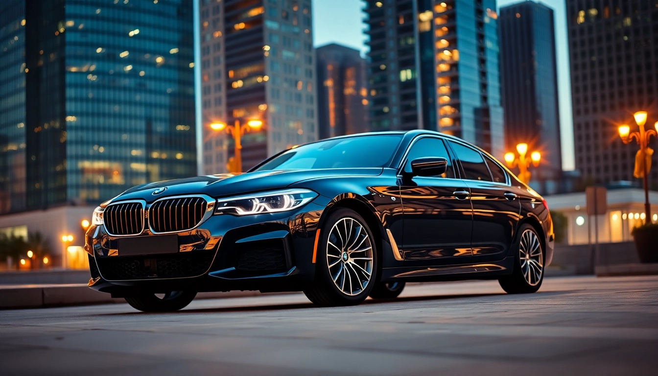 Showcase a stunning Luxury BMW car highlighted against an elegant urban backdrop.