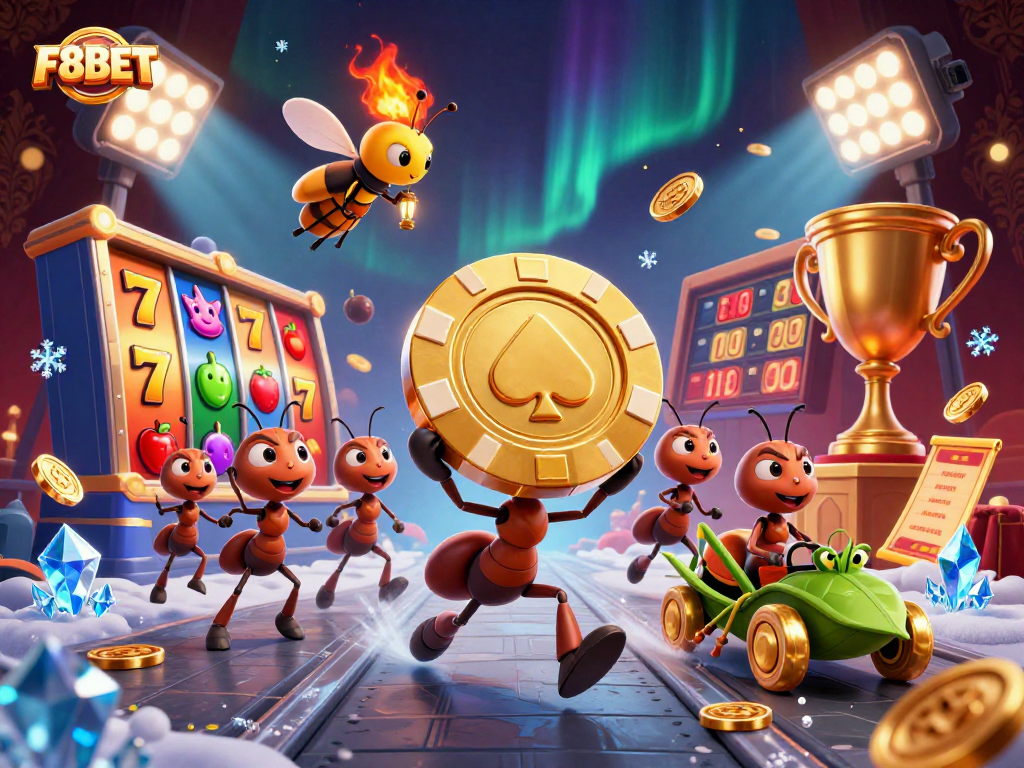 Experience the exciting world of F8BET with ants in a heist carrying a giant poker chip amidst colorful casino elements.