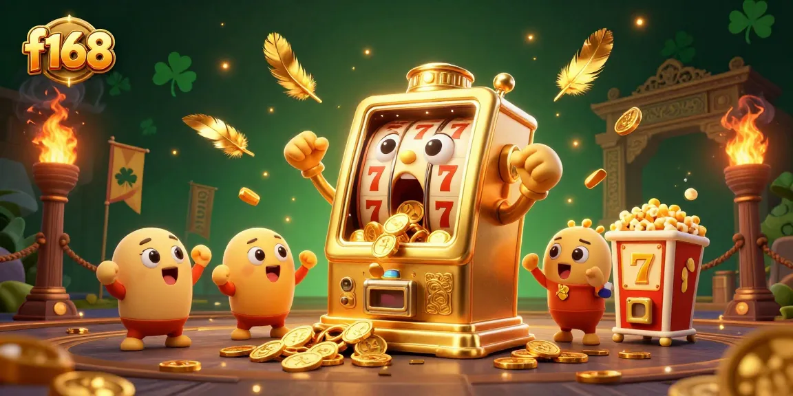 Win big at f168 with a golden slot machine jackpot, surrounded by cheering characters and casino elements.