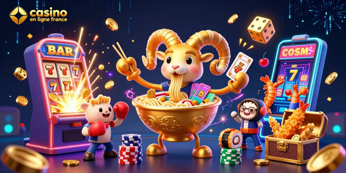 Illustration 3D ludique représentant le casino en ligne France avec un bol de ramen géant et des personnages amusants autour des jeux d'argent.