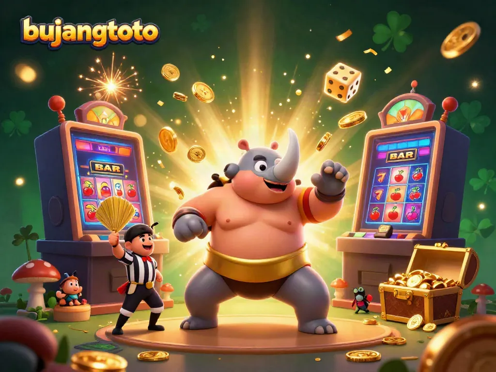 Bujangtoto showcases a vibrant and thrilling scene of a sumo beetle champion, bursting slot machines, and flying coins capturing the excitement of online gaming.