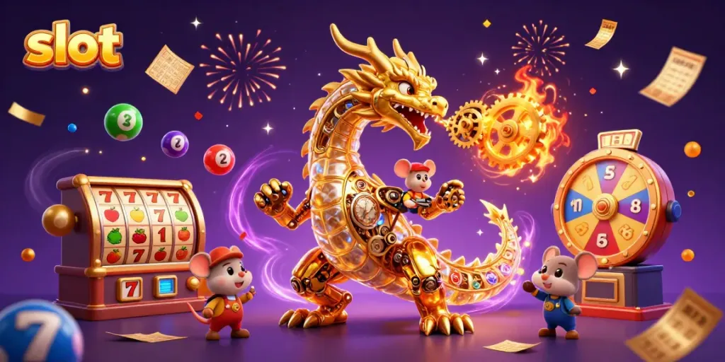 Permainan slot yang memikat dengan mesin slot berhiaskan karakter naga dan elemen warna-warni.