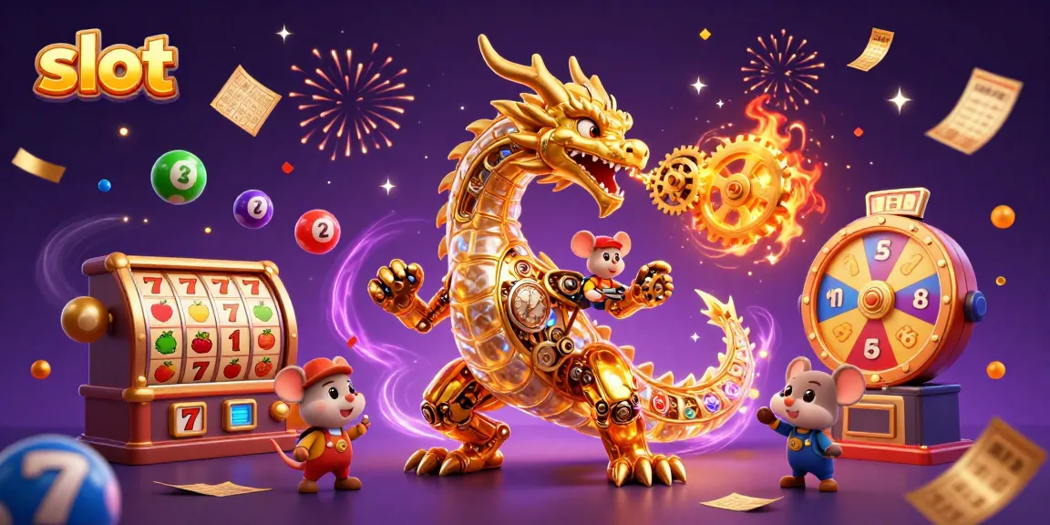 Permainan slot yang memikat dengan mesin slot berhiaskan karakter naga dan elemen warna-warni.