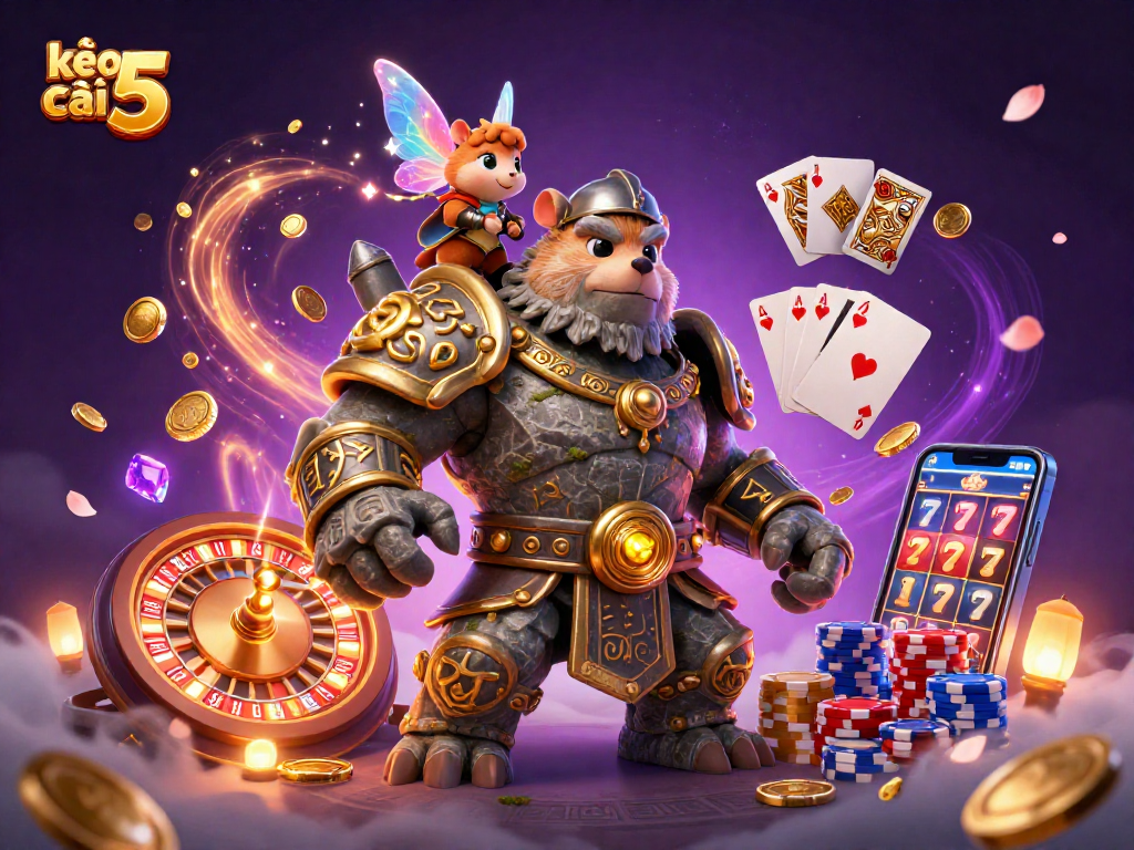 Engage with kèo nhà cái 5 in vibrant 3D casino illustration featuring mystical golem and dynamic game elements.