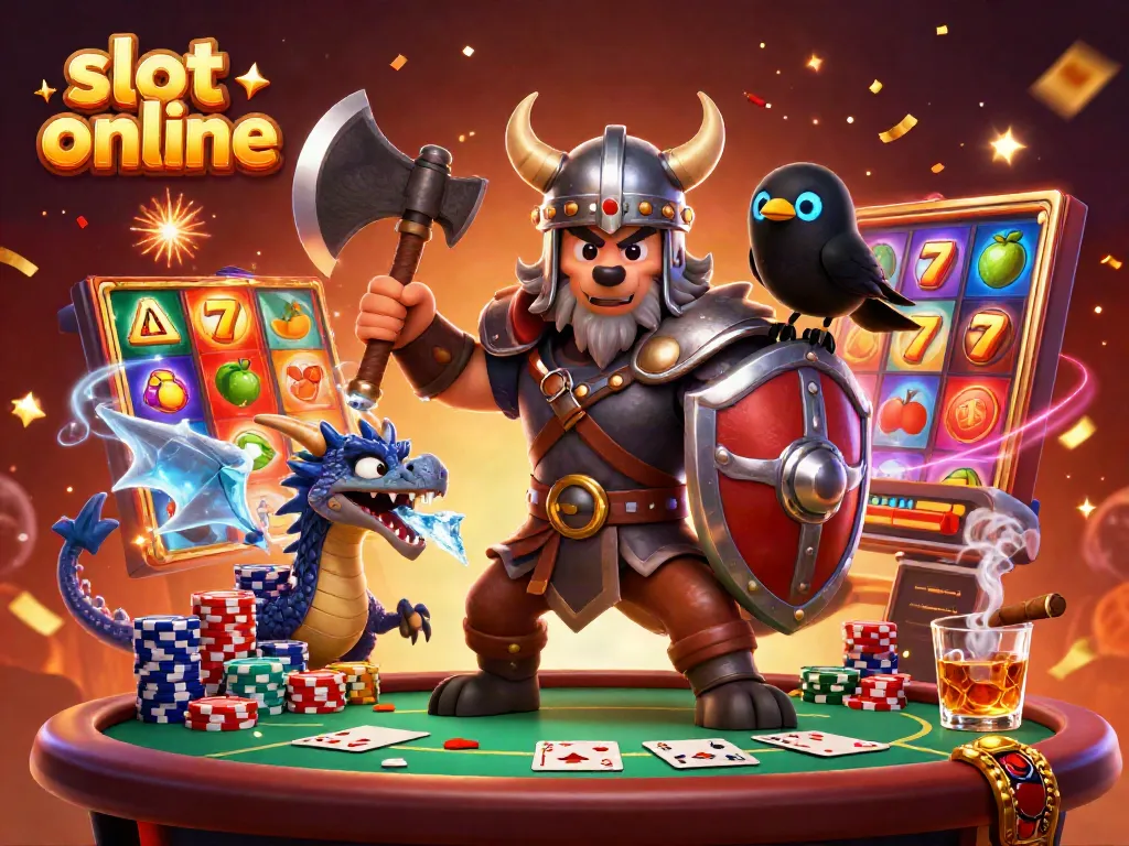 Experience thrilling fun with slot online, featuring an epic Viking wolf warrior, dragon, and casino elements.
