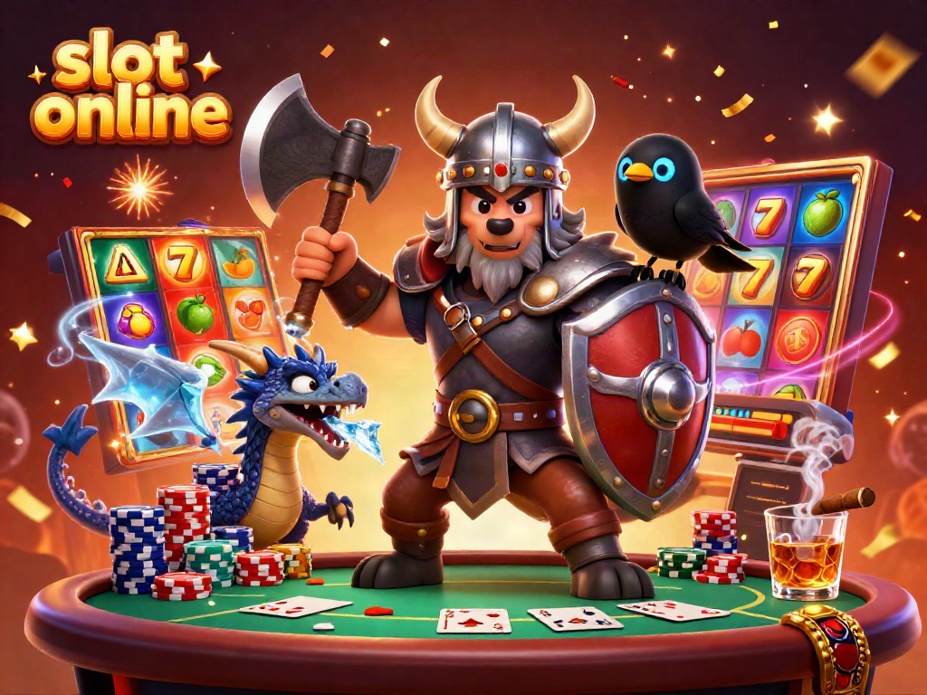 Experience thrilling fun with slot online, featuring an epic Viking wolf warrior, dragon, and casino elements.