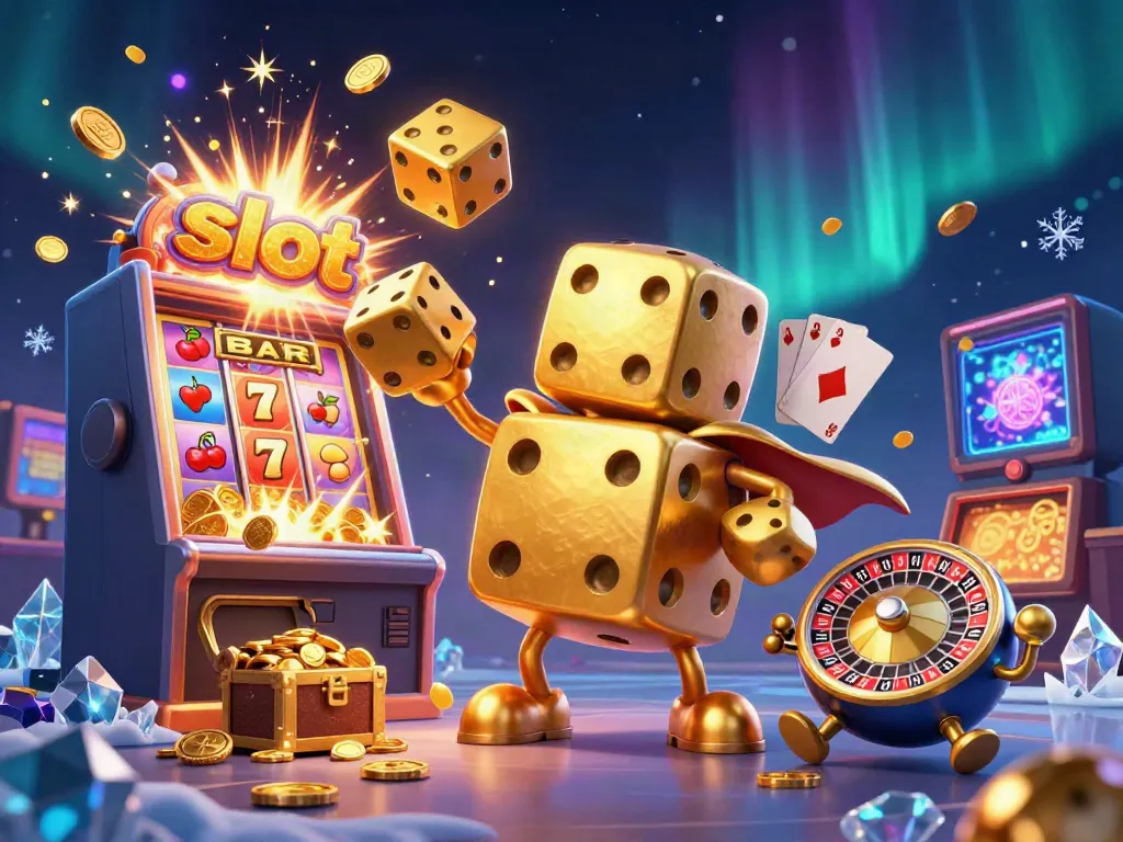 Slot mesin yang melibatkan dadu emas dan simbol keberuntungan dalam gambar 3D yang menarik.