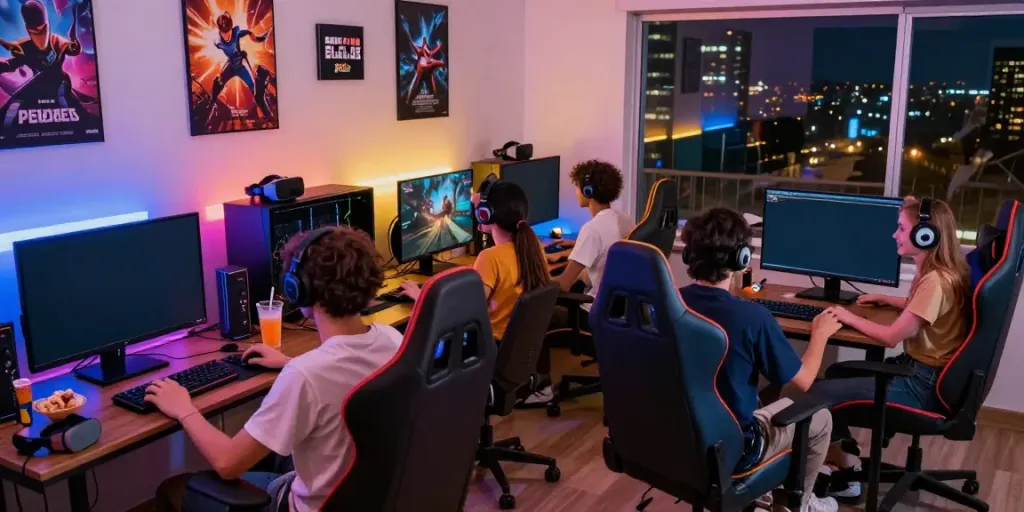 Friends enjoying PG SLOT games in a vibrant gaming room with high-tech setups.