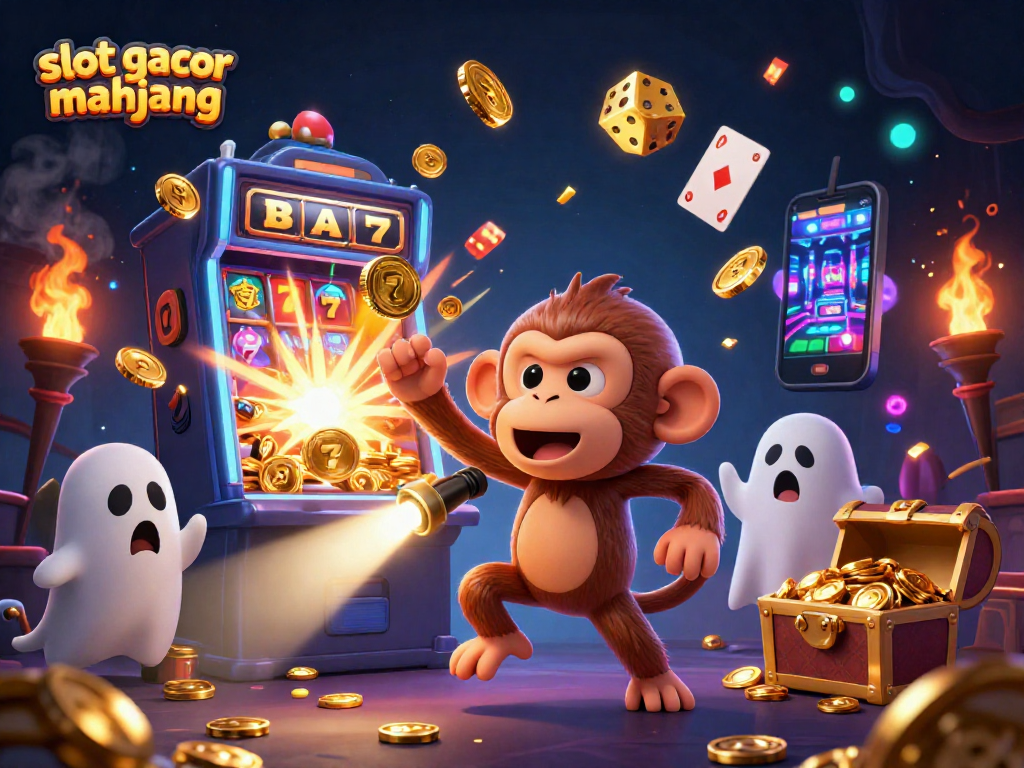 Experience the excitement of slot gacor mahjong with an energetic casino illustration featuring a mischievous poltergeist and ghost-hunter puppy.