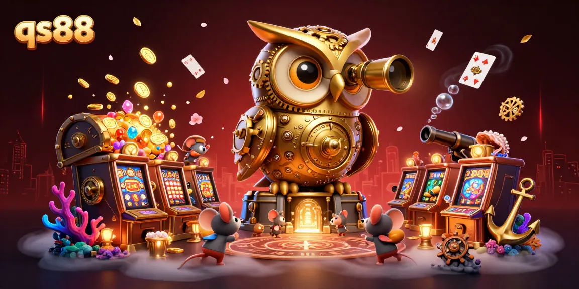 Experience thrilling gameplay at qs88 with dynamic casino elements like a golden owl and lively mouse patrons.