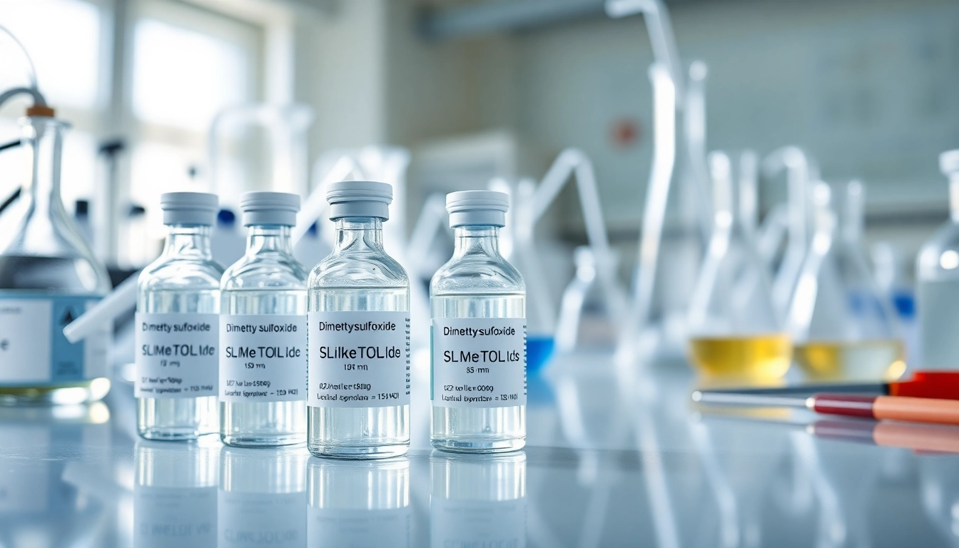 Lab setting with dimethylsulfoxide vials, bright lighting, and scientific tools.