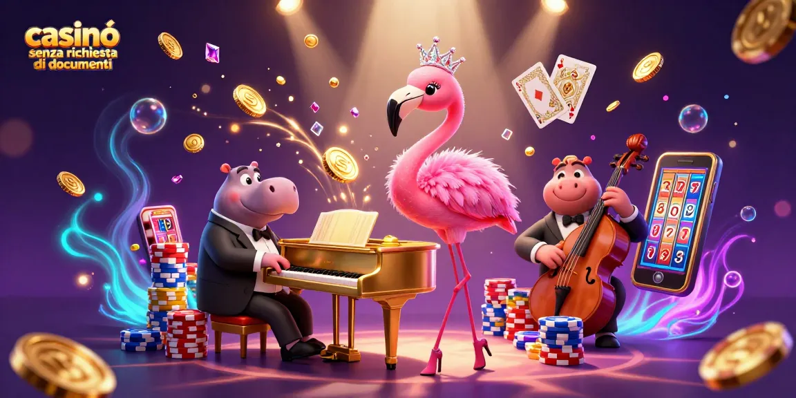 Gioca nei casinò senza richiesta di documenti con un flamingo e un ippopotamo in un'illustrazione colorata.