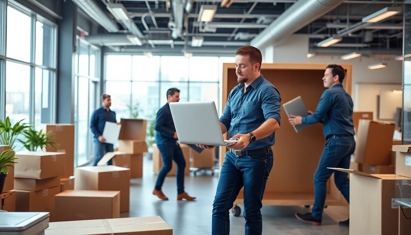 Team of professionals executing Commercial Moving Services NYC in a vibrant office setting