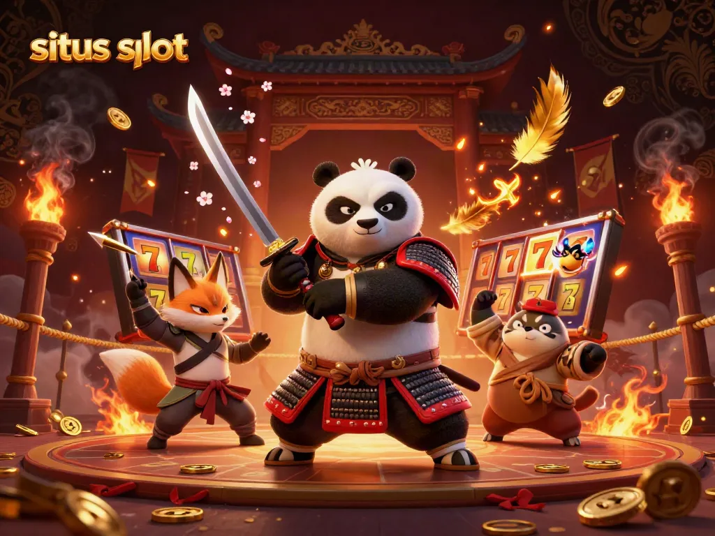Experience the thrill of situs slot with a dynamic 3D scene of samurai panda, ninja fox, and magical tanuki surrounded by casino elements.