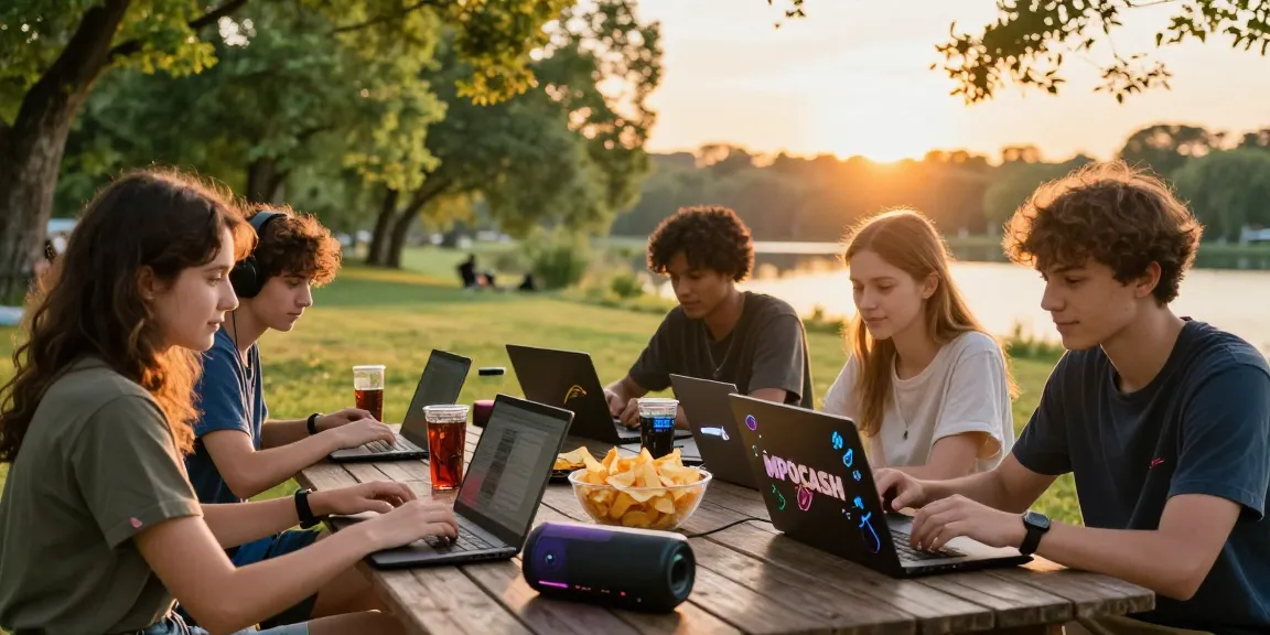 Friends enjoying outdoor gaming with MPOCASH access, relaxed sunset atmosphere.