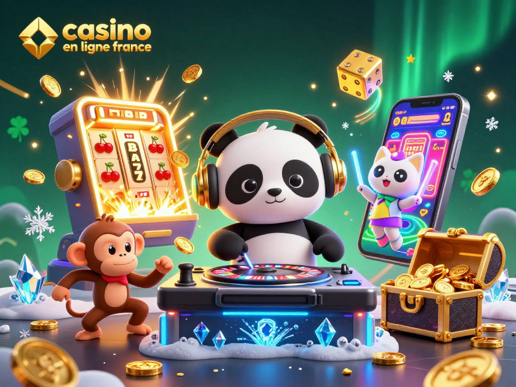 Les jeux de casino en ligne France prennent vie avec un panda DJ, un singe danseur et un chat en rave, entourés de jackpots et de lumières.