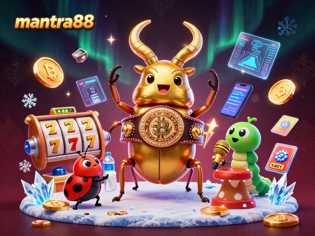 Engage with mantra88 as you spin the slots amid vibrant casino-themed characters and crypto elements.