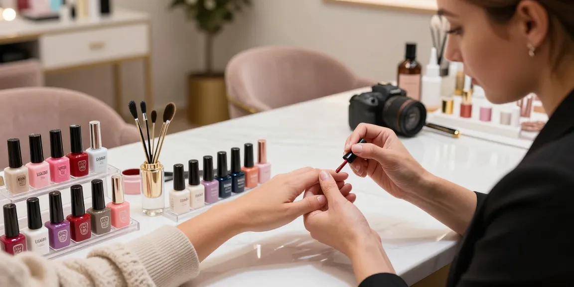 Teknik kuku menggunakan LUXURY 12 untuk manicure di salon mewah.