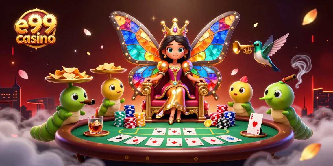 Play poker and win big at e99 casino with vibrant characters and dynamic gaming elements.