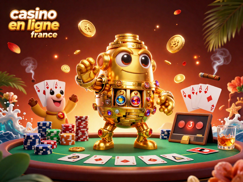 Jouez au casino en ligne France avec des éléments de poker et un golem en or.
