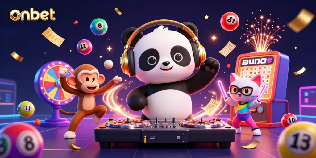 Experience vibrant gaming excitement with onbet's lively DJ panda and dynamic characters in a casino-themed celebration.