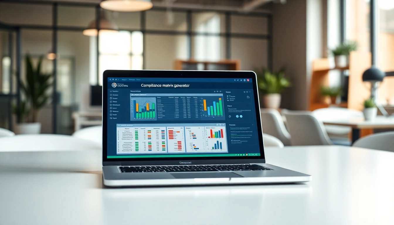 Optimize compliance matrix generator software displayed on a modern laptop in a vibrant office.