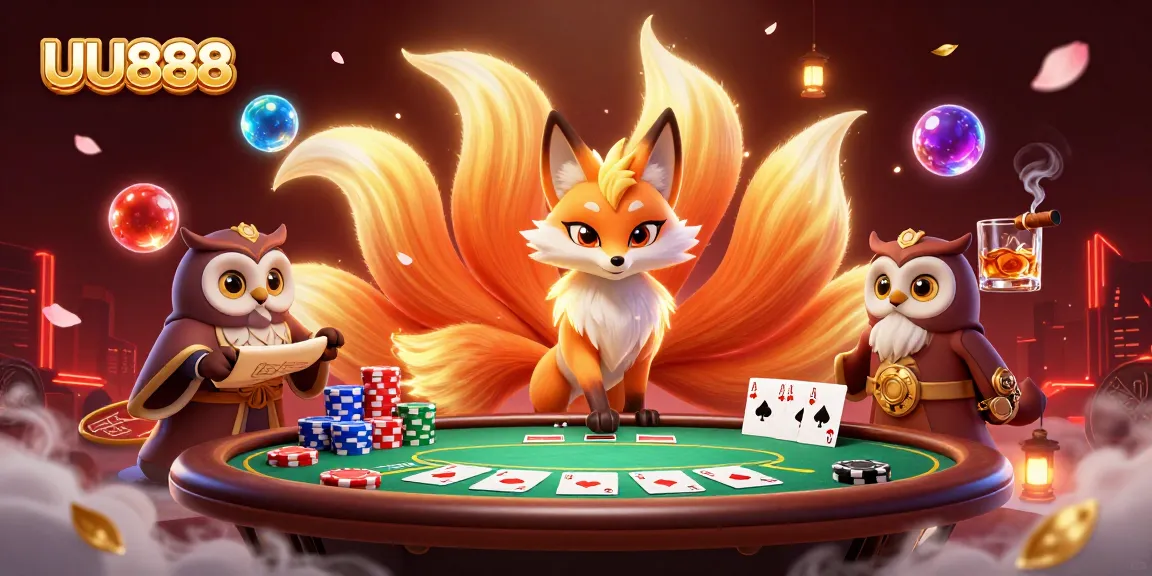 Experience thrilling poker action with the vibrant UU888 scene, featuring a nine-tailed fox and colorful elements.