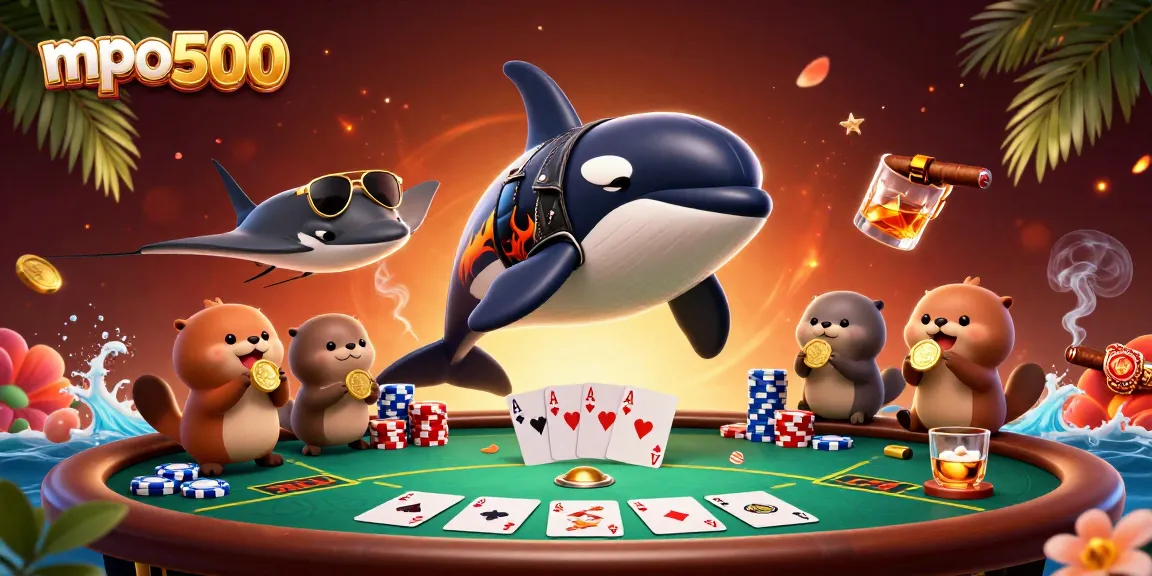 Experience the thrill of mpo500 with an orca dressed as a biker, surrounded by casino elements.