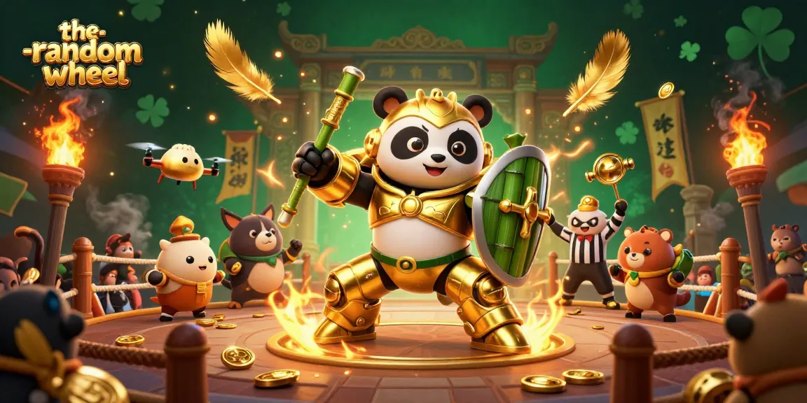 The-random-wheel features a thrilling animated scene with a golden panda robot, casino elements, and fans cheering.