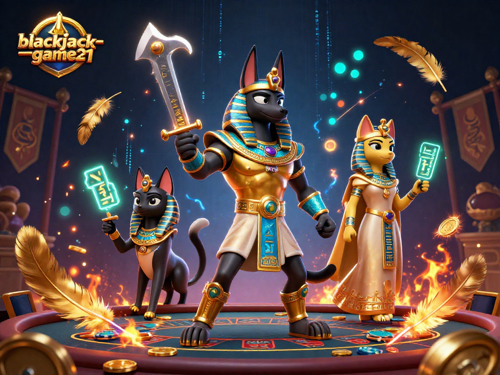 Experience the excitement of blackjack-game21 with Anubis and Bastet in a vibrant casino setting.